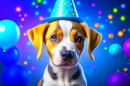 Cute puppy in a party hat on a blue background, cute funny dog celebrating his birthday.の素材