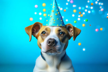 Cute puppy in a party hat on a blue background, cute funny dog celebrating his birthday.の素材