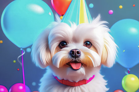 Cute puppy in a party hat on a blue background, cute funny dog celebrating his birthday.の素材