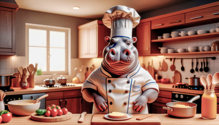 Cheerful Chef Hippopotamus preparing in the kitchen.の素材