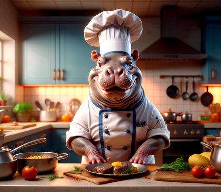 Cheerful Chef Hippopotamus preparing in the kitchen.の素材