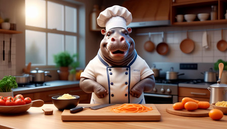 Cheerful Chef Hippopotamus preparing in the kitchen.の素材