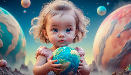 Planet Earth in the children's hands of a beautiful touching baby. The future is in the hands of the younger generation.の素材