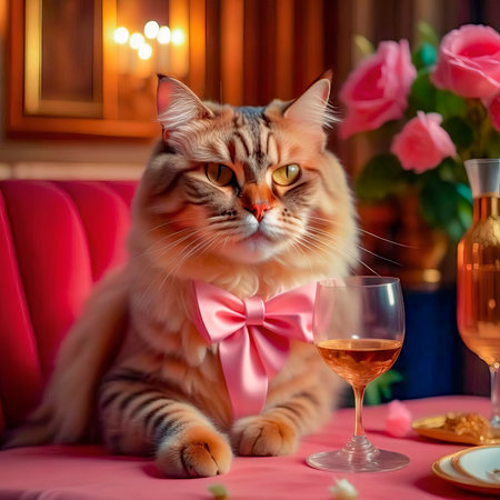 Gorgeous cat in a beautiful interior with a glass of wine. Romance and congratulations.の素材