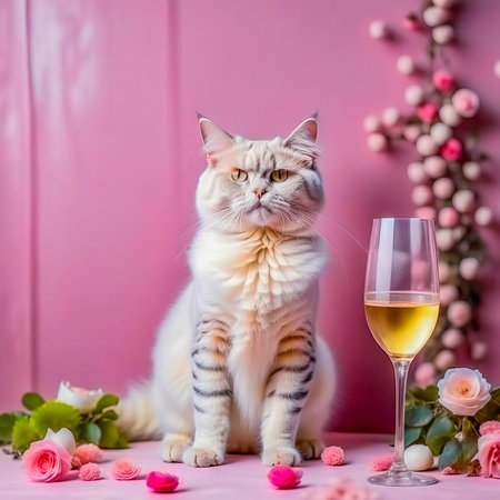 Gorgeous cat in a beautiful interior with a glass of wine. Romance and congratulations.の素材