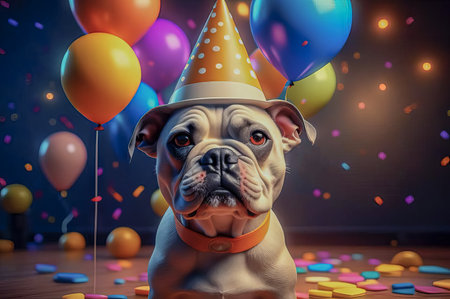 Cute puppy in a party hat on a blue background, cute funny dog celebrating his birthday.の素材