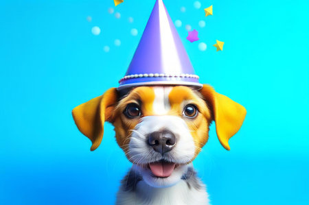 Cute puppy in a party hat on a blue background, cute funny dog celebrating his birthday.の素材