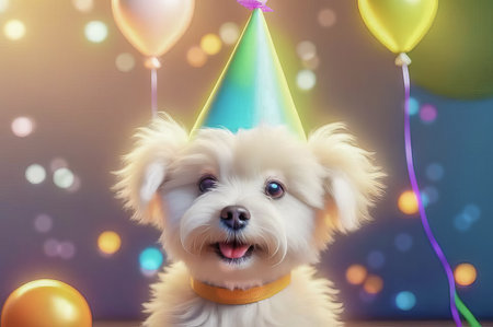 Cute puppy in a party hat on a blue background, cute funny dog celebrating his birthday.の素材