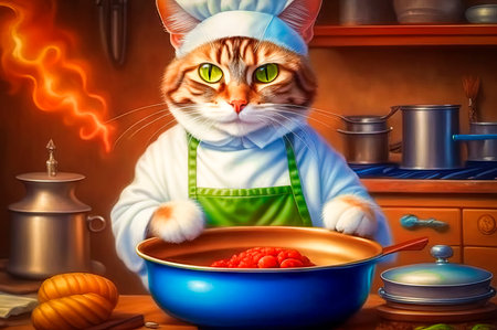 Serious and handsome chef cat preparing food in the kitchen.の素材