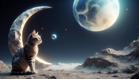 Lonely brave cat walks on the moon, space cat.の素材