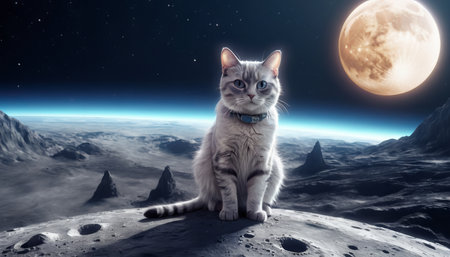 Lonely brave cat walks on the moon, space cat.の素材