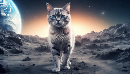 Lonely brave cat walks on the moon, space cat.の素材