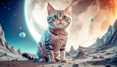 Lonely brave cat walks on the moon, space cat.の素材