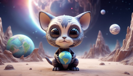 A lonely cute alien animal, similar to a cat, holds the planet in its paws.の素材