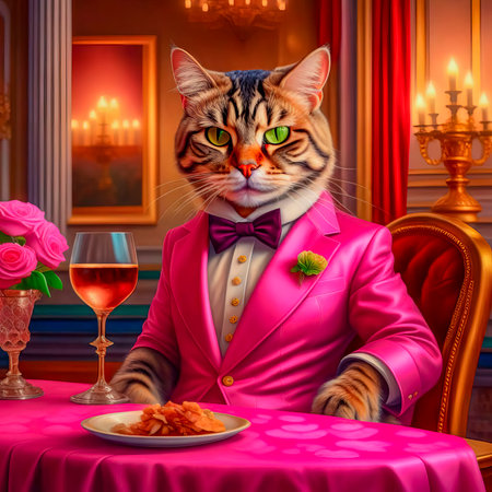 Gorgeous cat in a beautiful interior with a glass of wine. Romance and congratulations.の素材