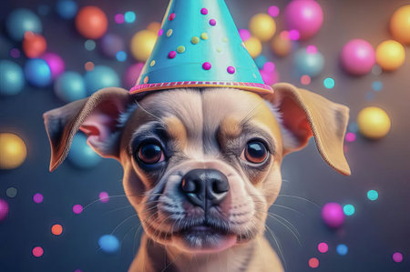 Cute puppy in a party hat on a blue background, cute funny dog celebrating his birthday.の素材