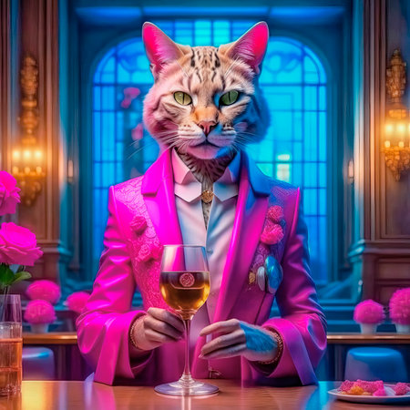 Gorgeous cat in a beautiful interior with a glass of wine. Romance and congratulations.の素材