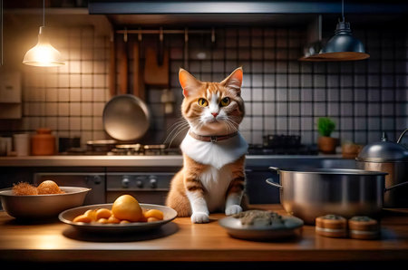 Serious and handsome chef cat preparing food in the kitchen.の素材
