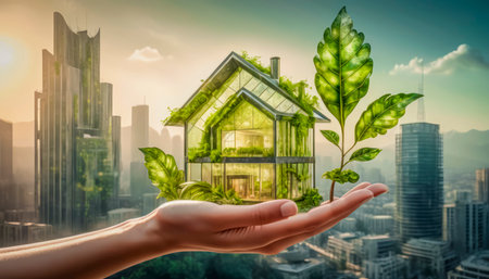 Eco-friendly modern house in female hands, concept of ecology and environmental protection.の素材
