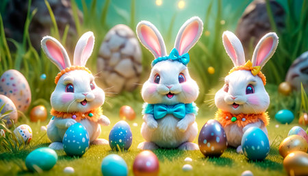 Several cute and cheerful Easter bunnies are sitting on a green lawn surrounded by Easter eggs and sweets.の素材
