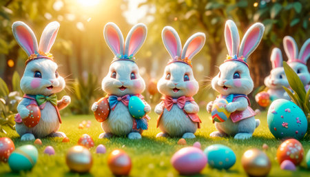Several cute and cheerful Easter bunnies are sitting on a green lawn surrounded by Easter eggs and sweets.の素材