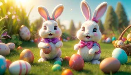 Several cute and cheerful Easter bunnies are sitting on a green lawn surrounded by Easter eggs and sweets.の素材