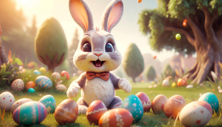 A cute and cheerful Easter bunny sits on a green lawn surrounded by Easter eggs and sweets.の素材