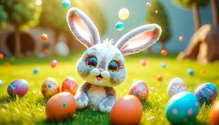 A cute and cheerful Easter bunny sits on a green lawn surrounded by Easter eggs and sweets.の素材