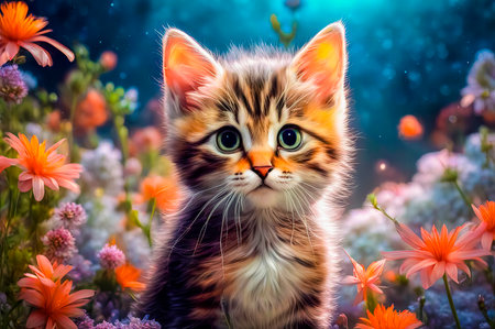 Portrait of a cute and touching kitten on a fantastic floral background.の素材