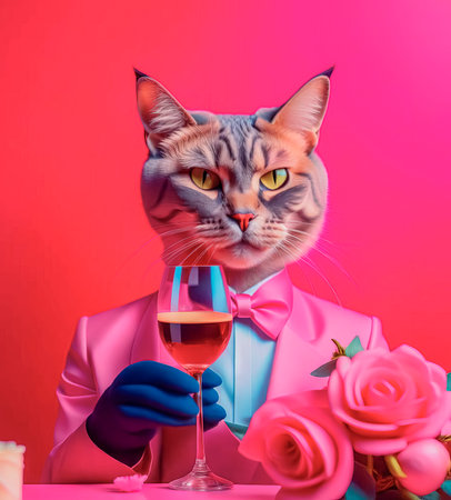 Gorgeous cat in a beautiful interior with a glass of wine. Romance and congratulations.の素材