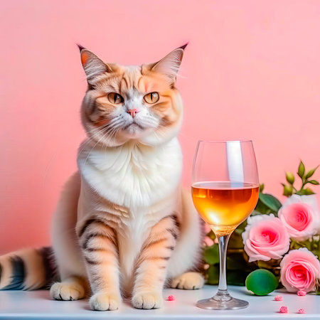 Gorgeous cat in a beautiful interior with a glass of wine. Romance and congratulations.の素材