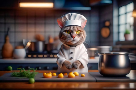 Serious and handsome chef cat preparing food in the kitchen.の素材