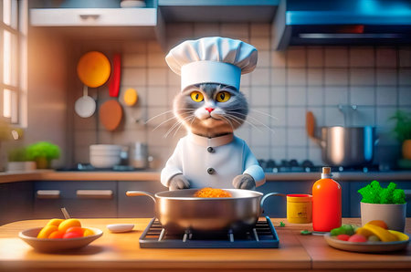 Serious and handsome chef cat preparing food in the kitchen.の素材