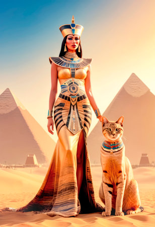Beautiful Egyptian queen against the background of the pyramid. Egyptian queen with the sacred Egyptian cat.の素材