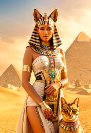 Beautiful Egyptian queen against the background of the pyramid. Egyptian queen with the sacred Egyptian cat.の素材