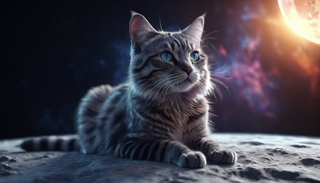 Lonely brave cat walks on the moon, space cat.の素材