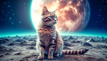 Lonely brave cat walks on the moon, space cat.の素材