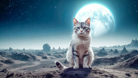 Lonely brave cat walks on the moon, space cat.の素材