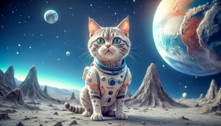 Lonely brave cat walks on the moon, space cat.の素材