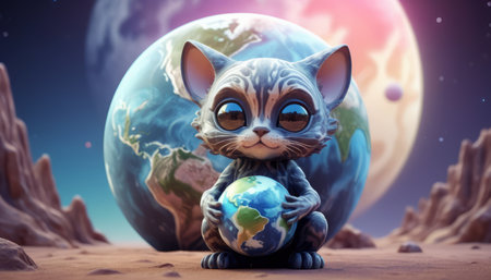 A lonely cute alien animal, similar to a cat, holds the planet in its paws.の素材