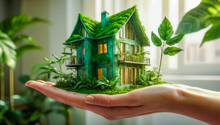 Eco-friendly modern house in female hands, concept of ecology and environmental protection.の素材