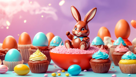 Easter treats, sweets, Easter eggs and a chocolate bunny.の素材