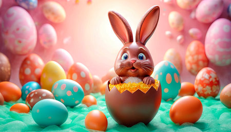 Easter treats, sweets, Easter eggs and a chocolate bunny.の素材