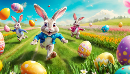 A cute and very cheerful Easter bunny runs along a green lawn, surrounded by Easter eggs and sweets.の素材