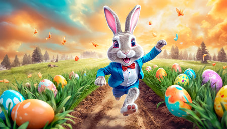 A cute and very cheerful Easter bunny runs along a green lawn, surrounded by Easter eggs and sweets.の素材
