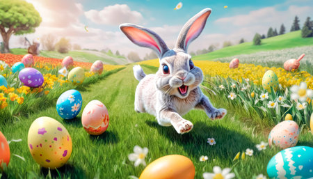 A cute and very cheerful Easter bunny runs along a green lawn, surrounded by Easter eggs and sweets.の素材