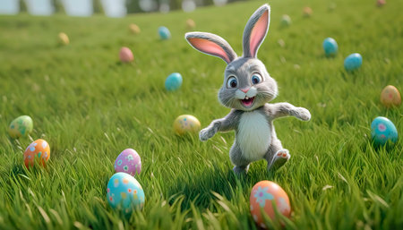 A cute and very cheerful Easter bunny runs along a green lawn, surrounded by Easter eggs and sweets.の素材