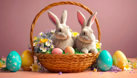 A cute and cheerful Easter bunny sits in a basket with Easter eggs and sweets.の素材