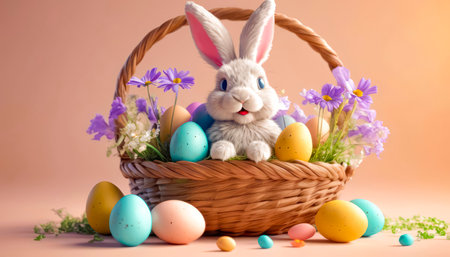 A cute and cheerful Easter bunny sits in a basket with Easter eggs and sweets.の素材