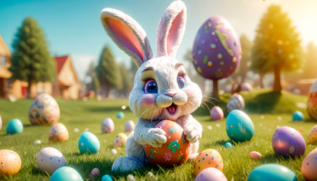 A cute and cheerful Easter bunny sits on a green lawn surrounded by Easter eggs and sweets.の素材